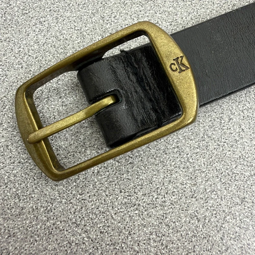 Calvin Klein Belt Mens Small Black Saddle Leather Brass Buckle Slim Casual Dress